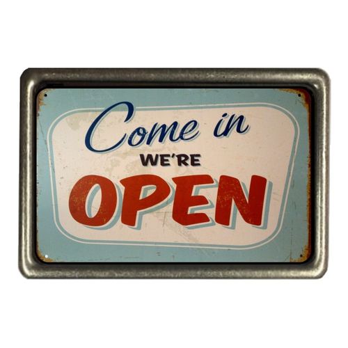 Cadora Gürtelschnalle Buckle Vintage Retro Werbung Come in we´re open Kommrein wir haben geöffnet