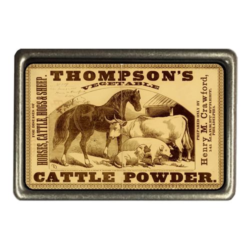 Cadora Gürtelschnalle Buckle Vintage Retro Werbung Thompson´s Cattle Powder Pferd Kuh Schwein