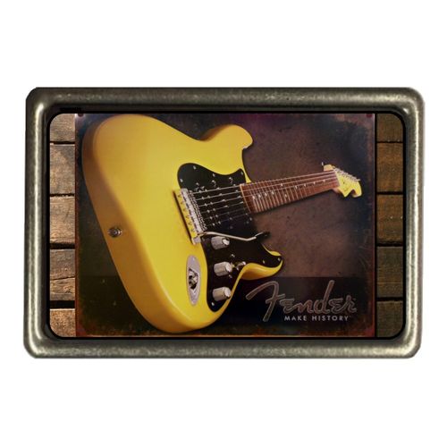 Cadora Gürtelschnalle Buckle Vintage Retro Werbung Fender Gitarre Guitar gelb Make history