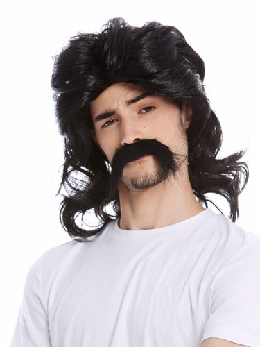 Man Gents Party Wig Mustache Set Halloween black long wild Gaul Viking Norman Celt 70s Pimp Mullet