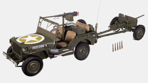 Willys MB Jeep mit Anhänger und M3 PAK, 1/8 Modellbausatz mit Licht und Sound