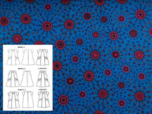Nähpaket für Kleid Nina, Feincord blau mit Ornamenten in orange