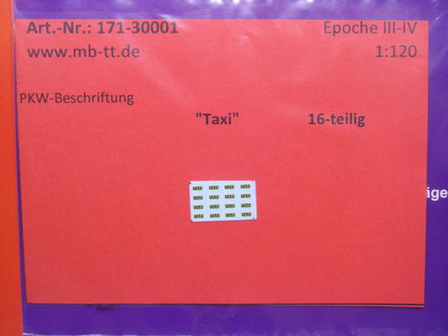 Nassschiebebilder 16-tlg., Pkw-Beschriftungen „TAXI“, DDR, Ep. III - IV, TT