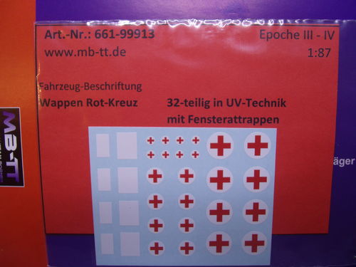 Nassschiebebilder 32-tlg., „Rot-Kreuz“ und Fensterattrappe, in UV-Technik, Ep. III - IV, H0