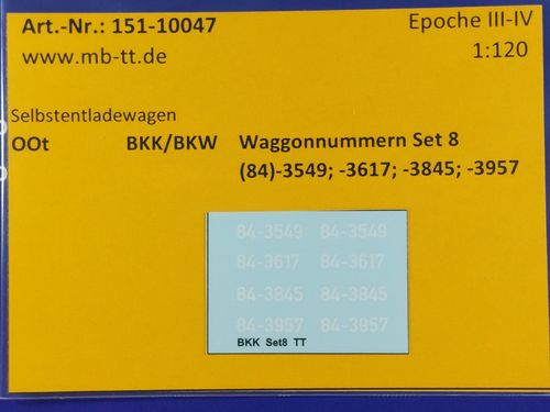 Waggondecal, OOt BKK, Waggonnummern Set 8, UV-Technik, Ep. III/IV, TT