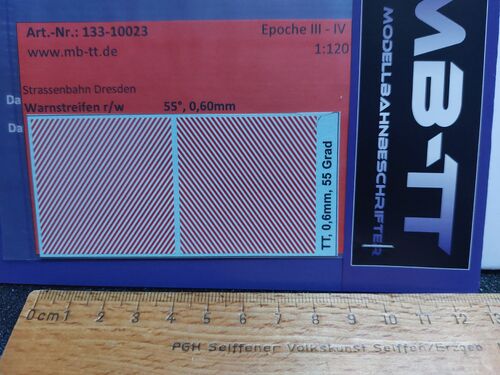 Zubehördecal, Warnstreifen r/w, 55°, 0,60mm, UV-Technik, III-IV, TT