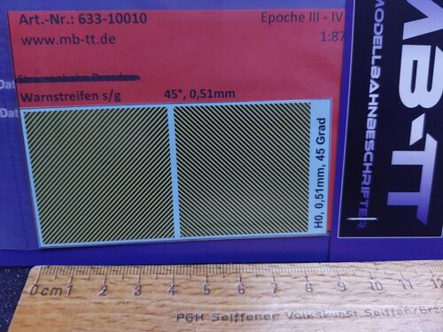 Zubehördecal, Warnstreifen s/g, 45°, 0,51mm, UV-Technik, III-IV, H0