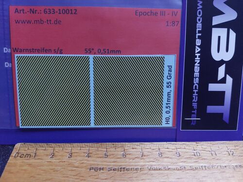 Zubehördecal, Warnstreifen s/g, 55°, 0,51mm, UV-Technik, III-IV, H0