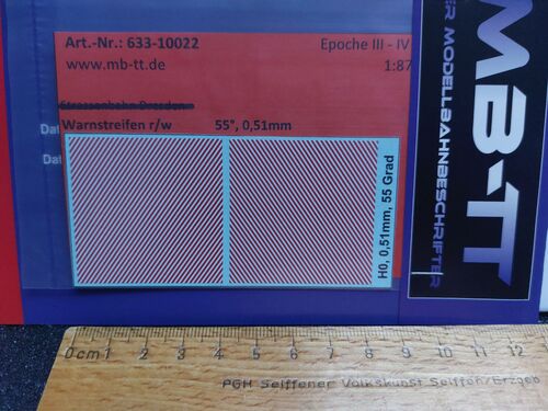 Zubehördecal, Warnstreifen r/w, 55°, 0,51mm, UV-Technik, III-IV, H0