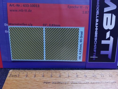 Zubehördecal, Warnstreifen s/g, 55°, 0,83mm, UV-Technik, III-IV, H0