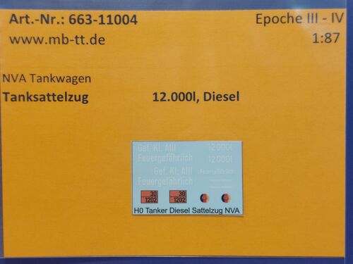Fahrzeugdecal, Militär Tanklaster, 12000l, Diesel, UV-Technik, Ep. III/IV, H0