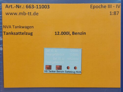 Fahrzeugdecal, Militär Tanksattelzug, 12000l, Benzin, UV-Technik, Ep. III/IV, H0