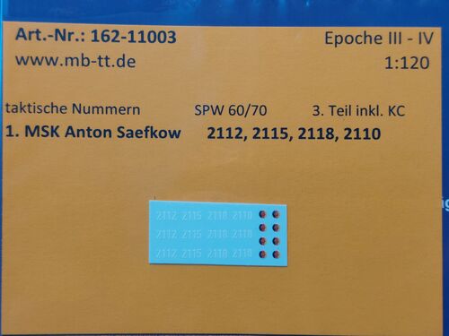 Fahrzeugdecal, NVA, gep. Radf. SPW 60/70, 1.MSK, Teil 3 mit KC, UV-Technik, Ep.IV, TT