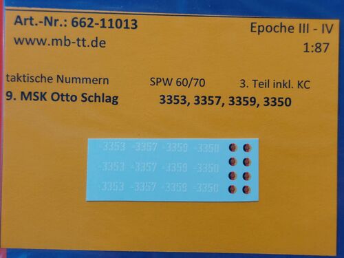 Fahrzeugdecal, NVA, gep. Radf. SPW 60/70, 9.MSK, Teil 3 mit KC, UV-Technik, Ep.IV, H0