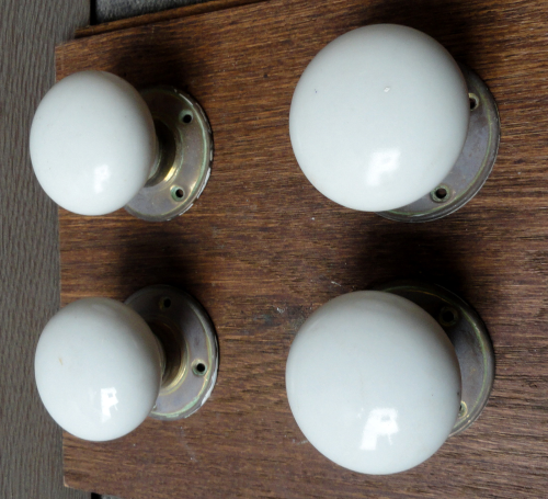 2 Pairs of Reclaimed White Porcelain Door Knobs with Brass Backplates