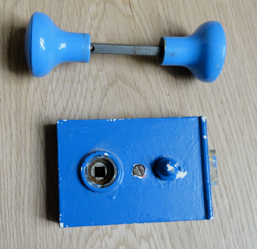 Reclaimed Blue Painted steel door rimlock with slide lock button