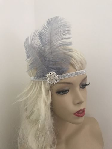 1920s Silver Grey Feather Headband