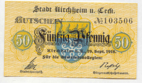 KIRCHHEIM/TECK, Stadt: 50 Pf 19.9.1918
