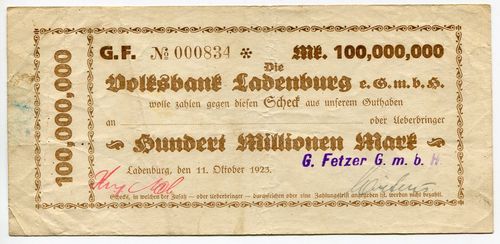LADENBURG, G. Fetzer GmbH: 100 Mio. Mark 11.10.1923