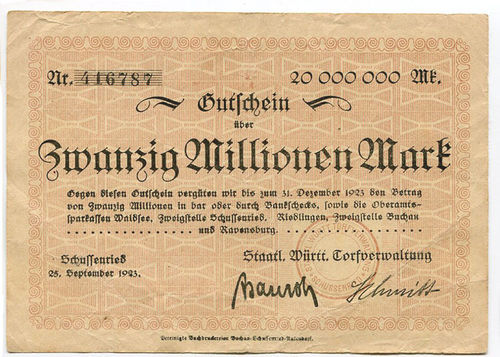 SCHUSSENRIED, Torfverwaltung: 20 Mio. Mark 25.9.1923