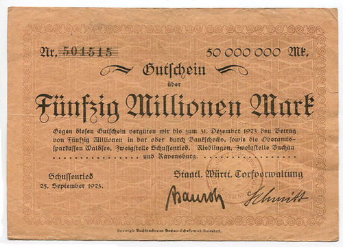 SCHUSSENRIED, Torfverwaltung: 50 Mio. Mark 25.9.1923
