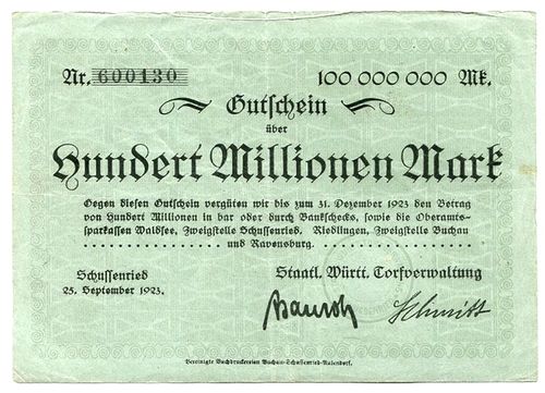SCHUSSENRIED, Torfverwaltung: 100 Mio. Mark 25.9.1923