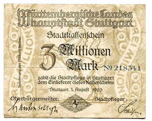 STUTTGART, Landeshauptstadt: 3 Mio. Mark 1.8.1923