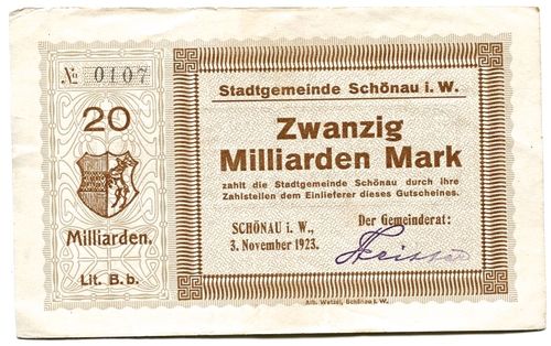 SCHÖNAU I. W., Stadtgemeinde (Baden): 20 Mia. Mark 3.11.1923