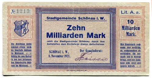 SCHÖNAU I. W., Stadtgemeinde (Baden): 10 Mia. Mark 5.11.1923