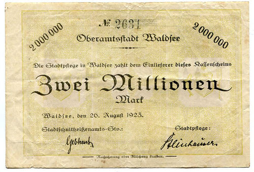 WALDSEE, Oberamtsstadt: 2 Mio. Mark 26.8.1923