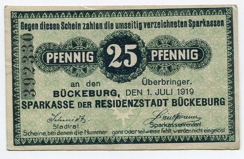 BÜCKEBURG: Sparkasse: 25 Pf 1.7.1919