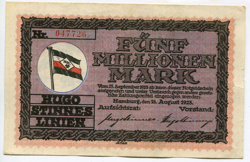 HAMBURG, Hugo-Stinnes-Linien:  5 Mio. Mark 18.4.1923