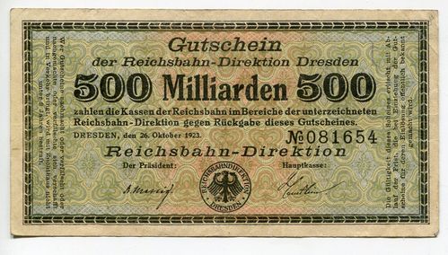 DEUTSCHE REICHSBAHN, Dresden: 500 Mia. Mark 26.10.1923