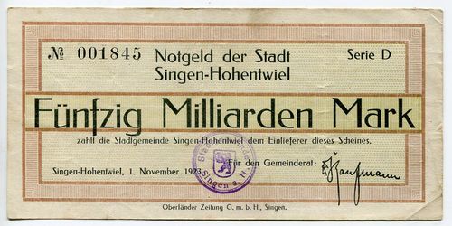 SINGEN-HOHENTWIEL, Stadt  50 Mrd. Mark 1.11.1923. Rupertus 289.77