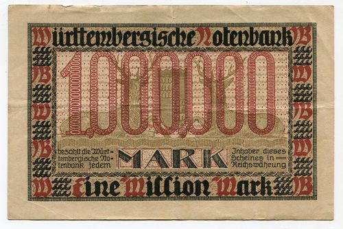 WÜRTTEMBERGISCHE NOTENBANK: 1 Mio. Mark 15.6.1923