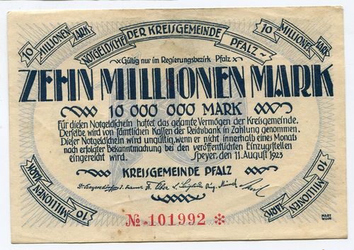 PFALZ, Kreisgemeinde: 10 Mio. Mark 11.8.1923