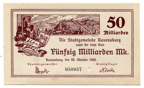RAVENSBURG, Stadtgemeinde: 50 Mia. Mark 25.10.1923