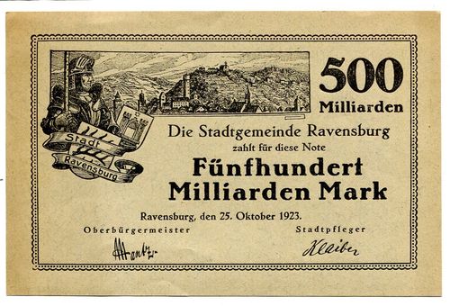 RAVENSBURG, Stadtgemeinde: 500 Mia. Mark 25.10.1923