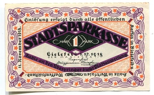 BIELEFELD, Stadtsparkasse: 1 Mark 1.12.1918