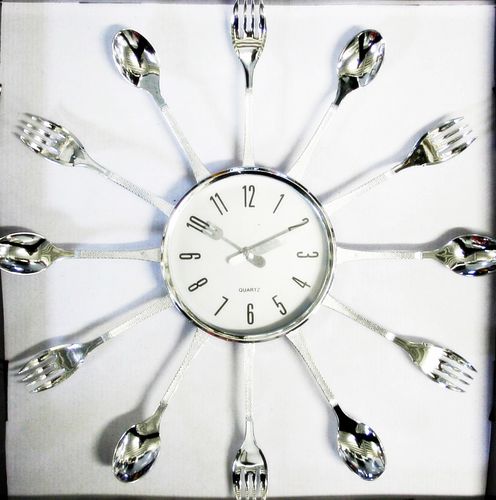 WANDUHR Küchen Wand Uhr Küchenuhr Besteckuhr Besteck Silber Quartzuhr Analog