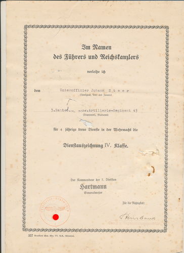 Urkunde zur Dienstauszeichnung Wehrmacht Heer für 4 Jahre Dienstzeit Artillerie Rgt 43