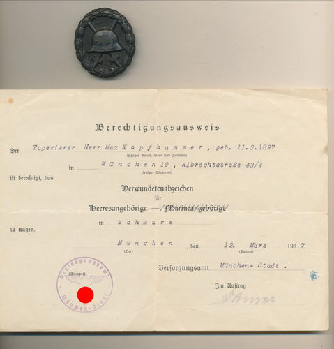 Urkunde & Orden Verwundetenabzeichen in Schwarz für Heeresangehörige 1914/18 ausgestellt 1937
