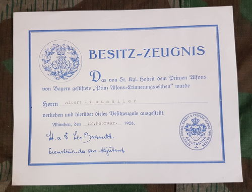 Urkunde zum Prinz Alfons Erinnerungs Abzeichen Albert Thaumüller München 1928