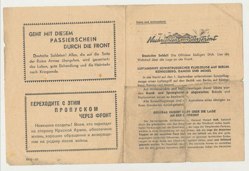 Russisches Sowjet Propaganda Flugblatt Passierschein für deutsche Soldaten WK2