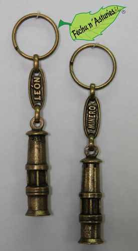 Llavero lámpara con calabrote "LEÓN MINERO" acabado en latón envejecido y embolsado en plástico.