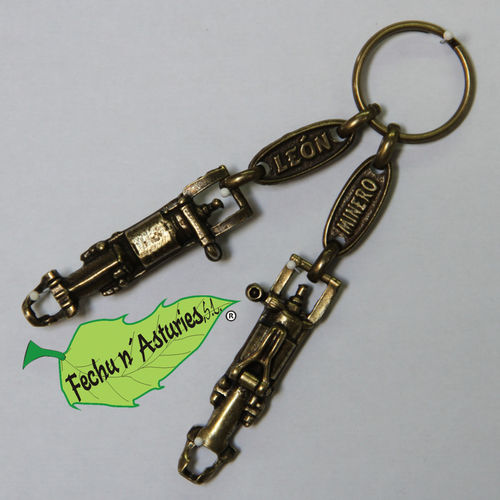 Llavero martillo barrenar con calabrote "LEÓN MINERO" acabado en latón envejecido y embolsado.