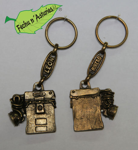 Llavero pila con calabrote "LEÓN MINERO" acabado en latón envejecido y embolsado en plástico.