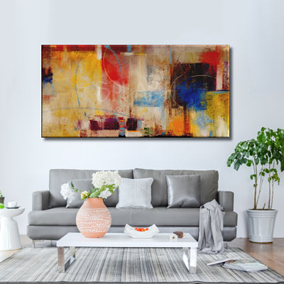 Original large geometric abstract painted painting in warm tones