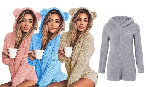 Women's Fleece Hooded Bear Lounge Romper