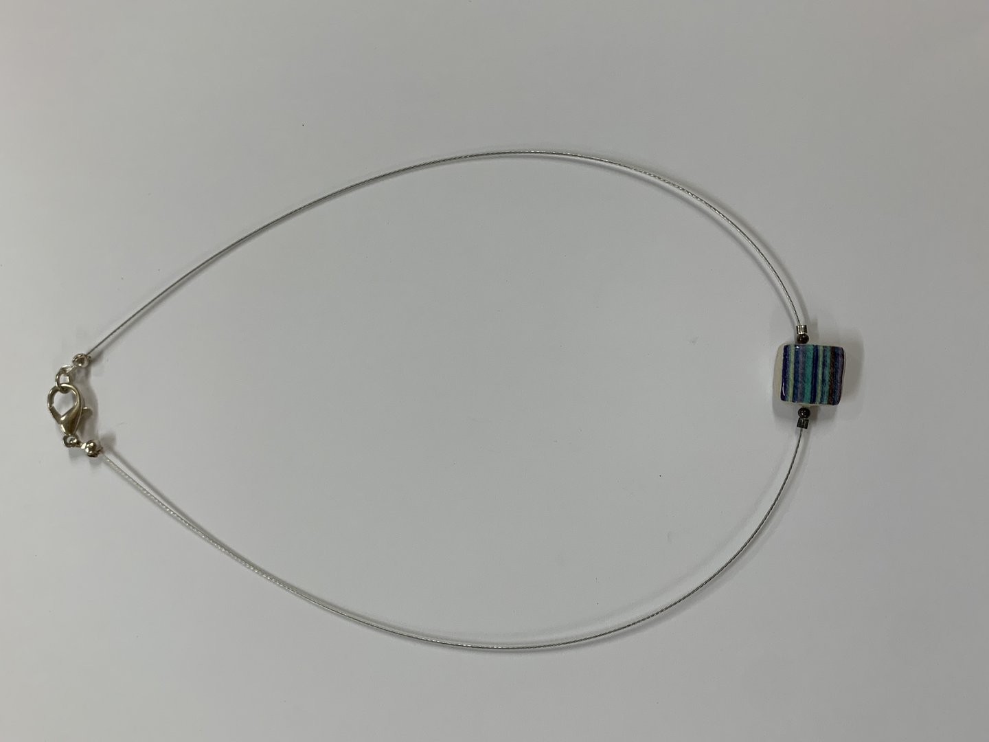 Wire Necklace with Blue Stripey Square